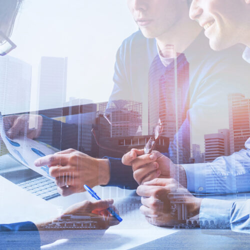 business people working on marketing plan  together in modern office, teamwork, double exposure banner